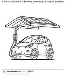 Auto elektryczne z ładowarką pod wiatą solarną na parkingu — kolorowanka do wydruku dla dzieci