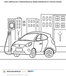 Auto elektryczne z ładowarką przy słupku ładowania w centrum miasta — kolorowanka do wydruku dla dzieci