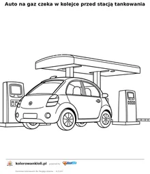 Auto na gaz czeka w kolejce przed stacją tankowania — kolorowanka do wydruku dla dzieci