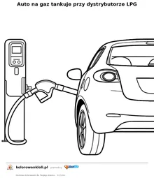 Auto na gaz tankuje przy dystrybutorze LPG — kolorowanka do wydruku dla dzieci