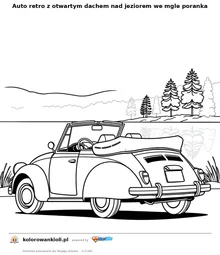 Auto retro z otwartym dachem nad jeziorem we mgle poranka — kolorowanka do wydruku dla dzieci