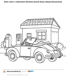Auto retro z otwartym dachem przed starą stacją benzynową — kolorowanka do wydruku dla dzieci