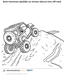 Auto terenowe wjeżdża na strome zbocze toru off-road — kolorowanka do wydruku dla dzieci