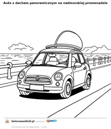 Auto z dachem panoramicznym na nadmorskiej promenadzie — kolorowanka do wydruku dla dzieci