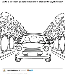 Auto z dachem panoramicznym w alei kwitnących drzew — kolorowanka do wydruku dla dzieci