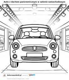 Auto z dachem panoramicznym w salonie samochodowym — kolorowanka do wydruku dla dzieci
