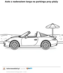 Auto z nadwoziem targa na parkingu przy plaży — kolorowanka do wydruku dla dzieci