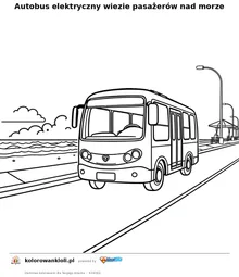 Autobus elektryczny wiezie pasażerów nad morze — kolorowanka do wydruku dla dzieci