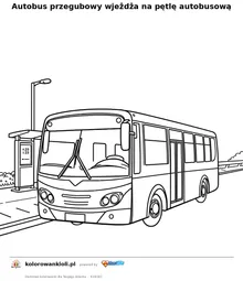 Autobus przegubowy wjeżdża na pętlę autobusową — kolorowanka do wydruku dla dzieci