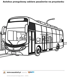 Autobus przegubowy zabiera pasażerów na przystanku — kolorowanka do wydruku dla dzieci