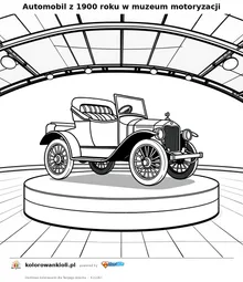 Automobil z 1900 roku w muzeum motoryzacji — kolorowanka do wydruku dla dzieci