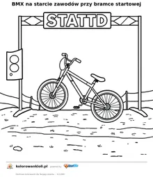 BMX na starcie zawodów przy bramce startowej — kolorowanka do wydruku dla dzieci