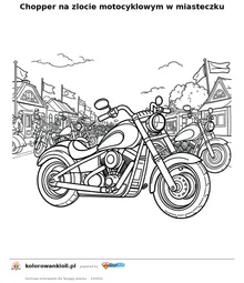 Chopper na zlocie motocyklowym w miasteczku — kolorowanka do wydruku dla dzieci