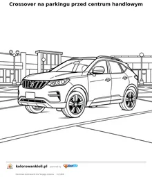 Crossover na parkingu przed centrum handlowym — kolorowanka do wydruku dla dzieci