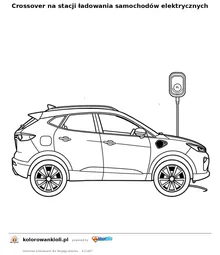 Crossover na stacji ładowania samochodów elektrycznych — kolorowanka do wydruku dla dzieci