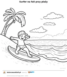 Surfer na fali przy plaży — kolorowanka do wydruku dla dzieci