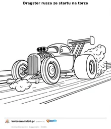 Dragster rusza ze startu na torze — kolorowanka do wydruku dla dzieci