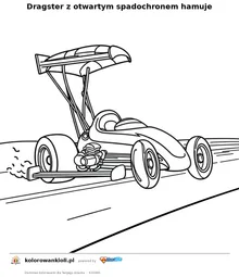 Dragster z otwartym spadochronem hamuje — kolorowanka do wydruku dla dzieci