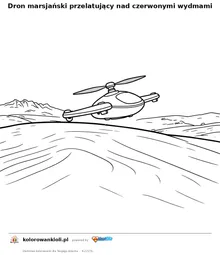 Dron marsjański przelatujący nad czerwonymi wydmami — kolorowanka do wydruku dla dzieci