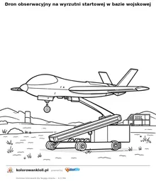 Dron obserwacyjny na wyrzutni startowej w bazie wojskowej — kolorowanka do wydruku dla dzieci