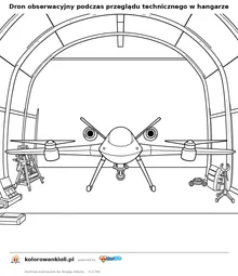 Dron obserwacyjny podczas przeglądu technicznego w hangarze — kolorowanka do wydruku dla dzieci