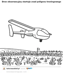 Dron obserwacyjny startuje znad poligonu treningowego — kolorowanka do wydruku dla dzieci