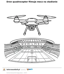 Dron quadrocopter filmuje mecz na stadionie — kolorowanka do wydruku dla dzieci