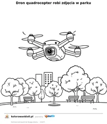 Dron quadrocopter robi zdjęcia w parku — kolorowanka do wydruku dla dzieci
