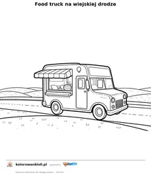 Food truck na wiejskiej drodze — kolorowanka do wydruku dla dzieci