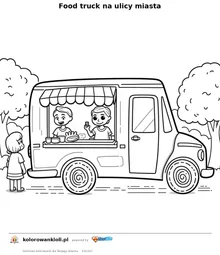 Food truck na ulicy miasta — kolorowanka do wydruku dla dzieci