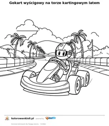 Gokart wyścigowy na torze kartingowym latem — kolorowanka do wydruku dla dzieci