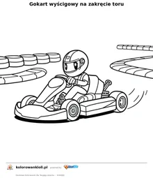 Gokart wyścigowy na zakręcie toru — kolorowanka do wydruku dla dzieci