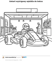 Gokart wyścigowy wjeżdża do boksu — kolorowanka do wydruku dla dzieci