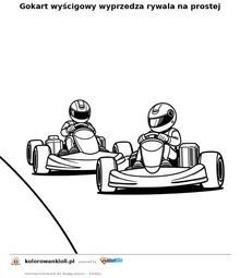 Gokart wyścigowy wyprzedza rywala na prostej — kolorowanka do wydruku dla dzieci