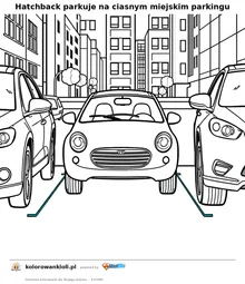 Hatchback parkuje na ciasnym miejskim parkingu — kolorowanka do wydruku dla dzieci