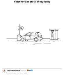 Hatchback na stacji benzynowej — kolorowanka do wydruku dla dzieci
