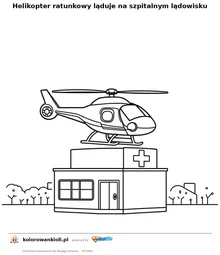 Helikopter ratunkowy ląduje na szpitalnym lądowisku — kolorowanka do wydruku dla dzieci