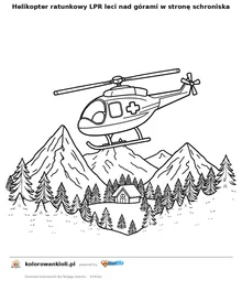 Helikopter ratunkowy LPR leci nad górami w stronę schroniska — kolorowanka do wydruku dla dzieci