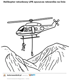 Helikopter ratunkowy LPR opuszcza ratownika na linie — kolorowanka do wydruku dla dzieci