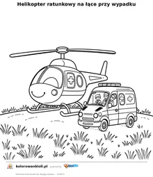 Helikopter ratunkowy na łące przy wypadku — kolorowanka do wydruku dla dzieci