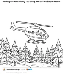 Helikopter ratunkowy leci zimą nad zaśnieżonym lasem — kolorowanka do wydruku dla dzieci