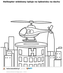 Helikopter widokowy ląduje na lądowisku na dachu — kolorowanka do wydruku dla dzieci
