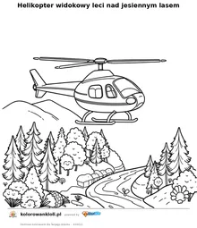 Helikopter widokowy leci nad jesiennym lasem — kolorowanka do wydruku dla dzieci