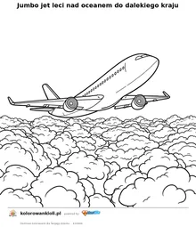 Jumbo jet leci nad oceanem do dalekiego kraju — kolorowanka do wydruku dla dzieci