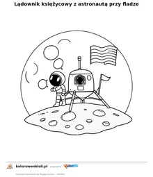Lądownik księżycowy z astronautą przy fladze — kolorowanka do wydruku dla dzieci