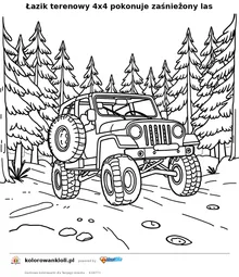 Łazik terenowy 4x4 pokonuje zaśnieżony las — kolorowanka do wydruku dla dzieci