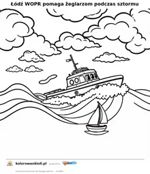 Łódź WOPR pomaga żeglarzom podczas sztormu — kolorowanka do wydruku dla dzieci