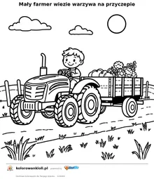 Mały farmer wiezie warzywa na przyczepie — kolorowanka do wydruku dla dzieci