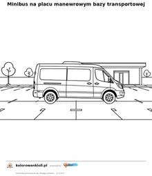 Minibus na placu manewrowym bazy transportowej — kolorowanka do wydruku dla dzieci
