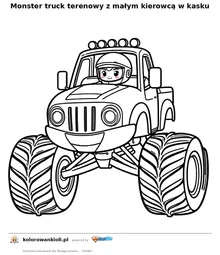 Monster truck terenowy z małym kierowcą w kasku — kolorowanka do wydruku dla dzieci